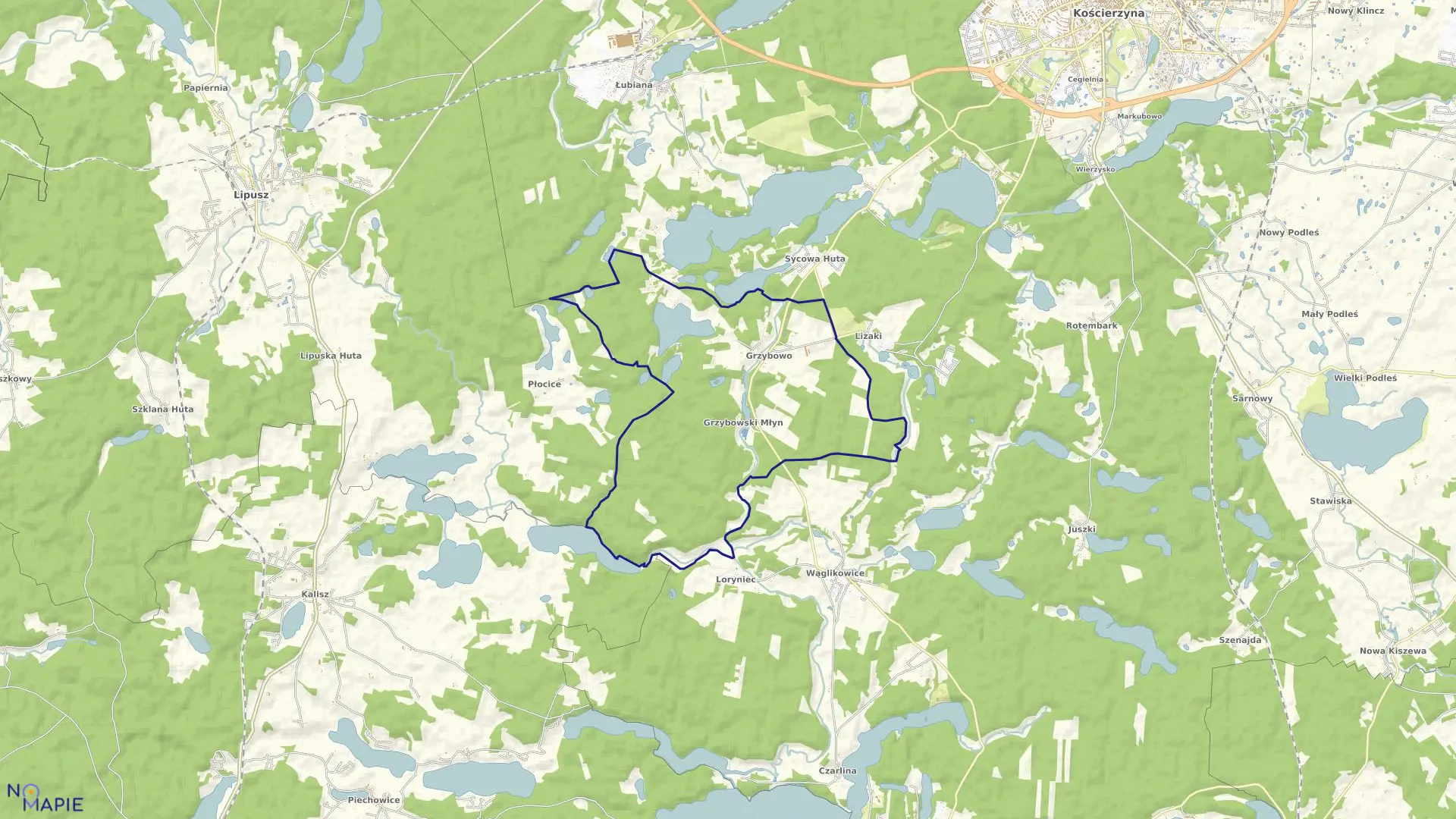 Mapa obrębu Grzybowo w gminie Kościerzyna