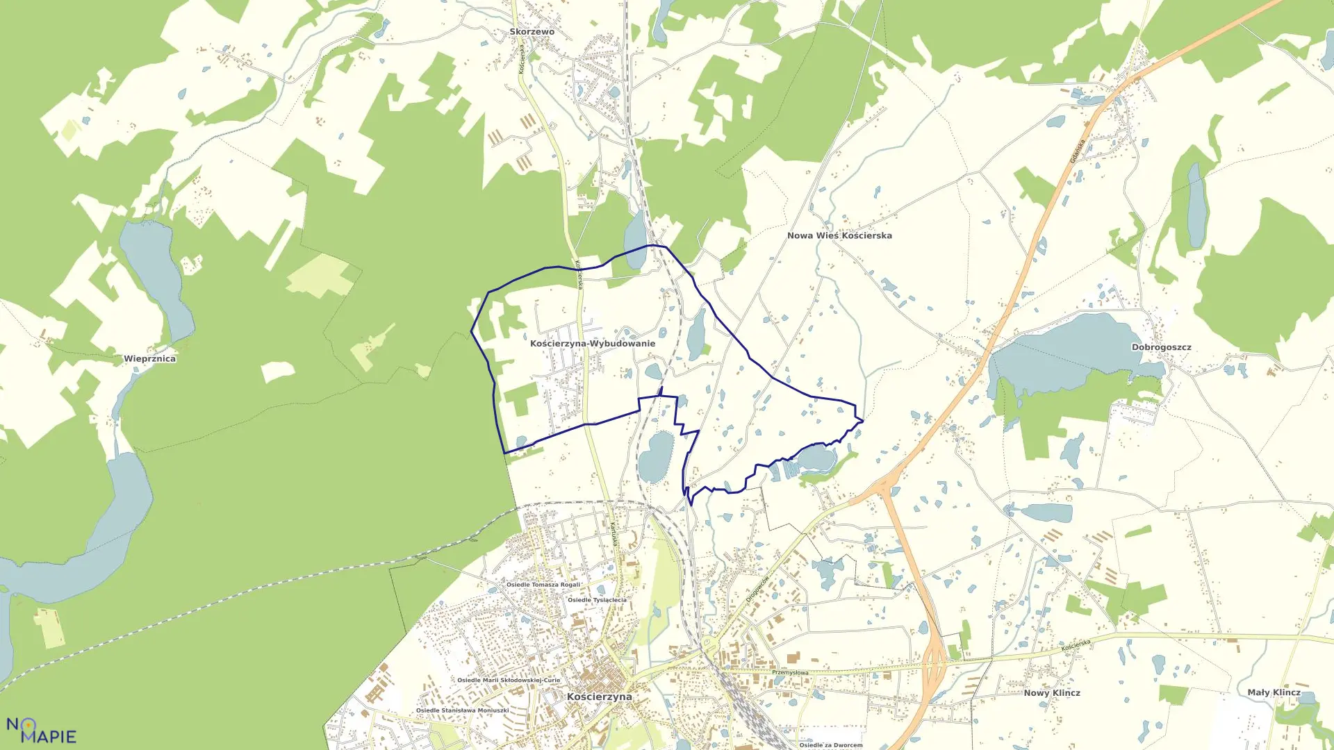 Mapa obrębu Kościerzyna Wybudowanie w gminie Kościerzyna