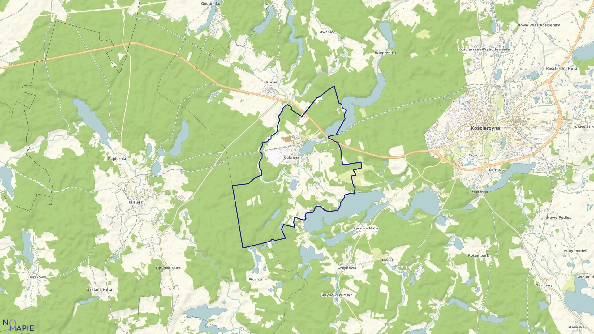 Mapa obrębu Łubiana w gminie Kościerzyna