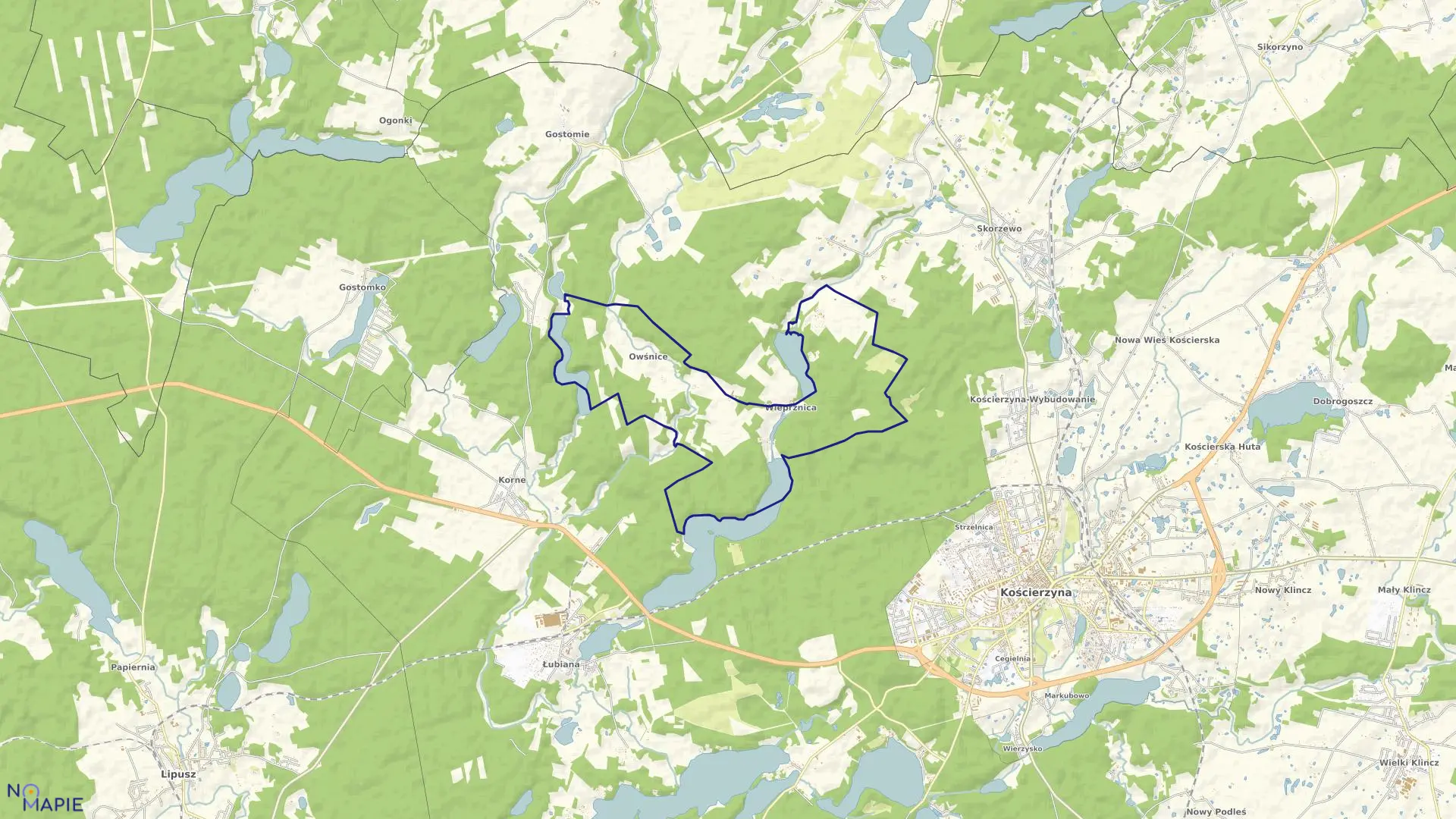 Mapa obrębu Wieprznica w gminie Kościerzyna